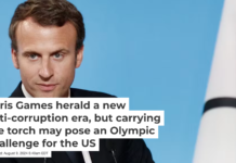 French President Emmanuel Macron celebrates Paris’ coronation as host of the 2024 Olympics Games. Photo by Yoan Valat/AFP via Getty Images